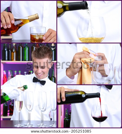Bar collage. Bartender pouring alcohol drinks into glass