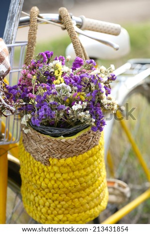 Bicycle with basket of flowers in meadow during sunset