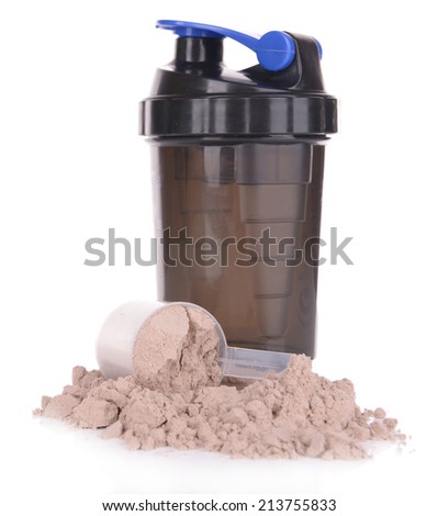 Whey protein powder  in scoop and plastic shaker isolated on white