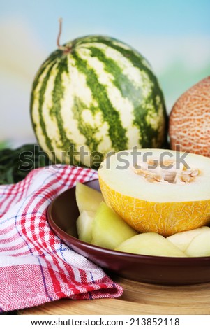 Melon and watermelon on brown plate on bamboo plate on napkin on grass on natural background