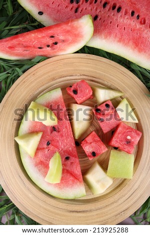 Water melon and melon on bamboo plate on grass background