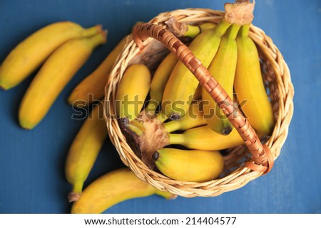 Bunch of mini bananas in wicker basket on color wooden background