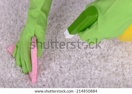 Cleaning carpet with cloth and  sprayer close up