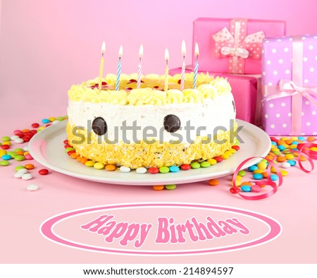 Birthday postcard.Happy birthday cake and gifts