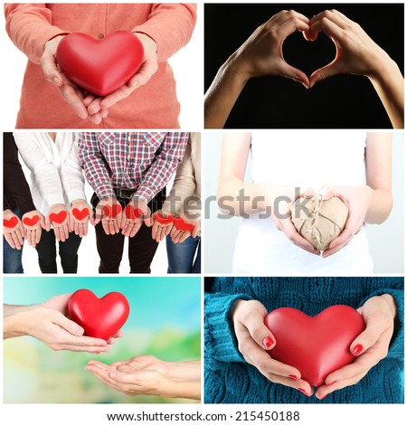 Collage of pictures with hearts in hands