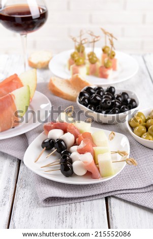 Delicious melon with prosciutto on plate on table on light background