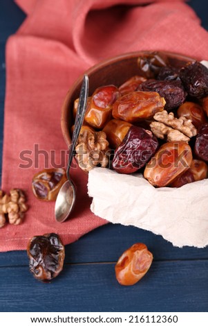 Tasty dates fruits in bowl, on blue wooden background