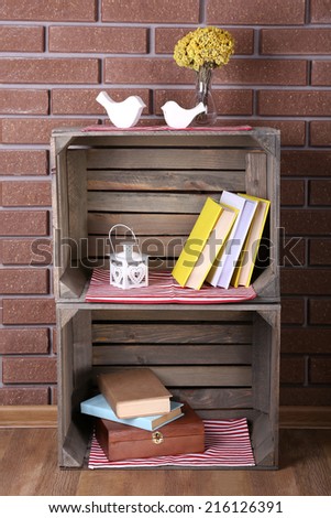 Shelves made of wooden boxes for small things for home