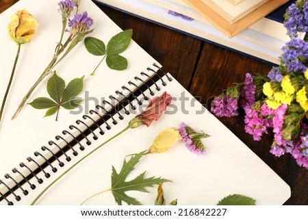 Composition with flowers and dry up plants on notebook on table close up