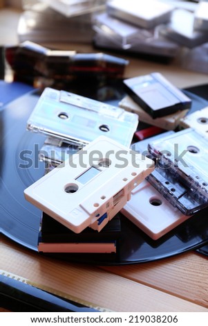 Collection of retro audio tapes, close up