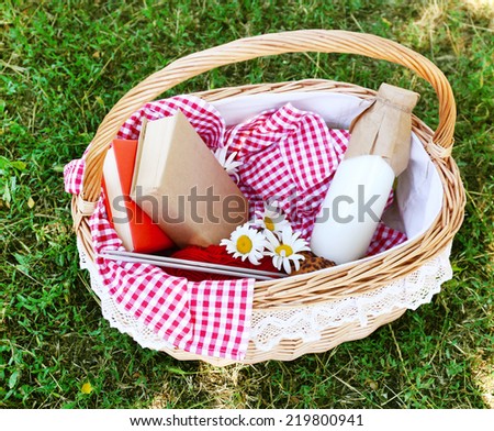 Tasty snack in basket on grassy background for spending nice weekend in a park