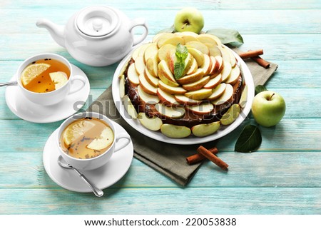 Homemade apple pie served on table, close-up