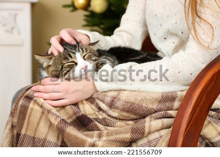 Woman and cute cat sitting on rocking chair in the front of the Christmas tree