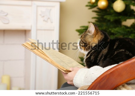 Woman and cute cat sitting on rocking chair and read the book in the front of the fireplace