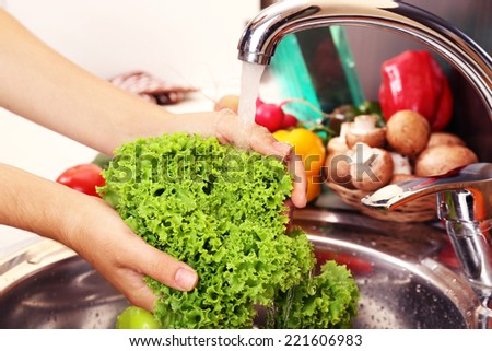 Woman\'s hands washing vegetables in sink in kitchen