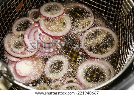 Onion in deep fryer, closeup