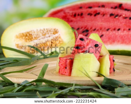 Melon and water melon on bamboo plate on grass on natural background