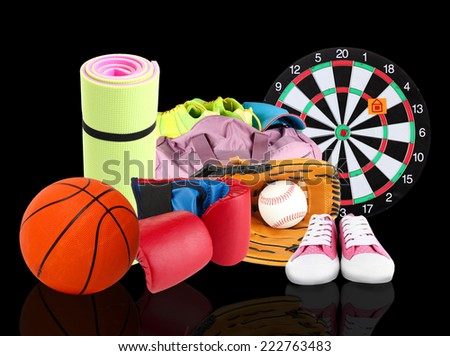 Sporting goods on black background