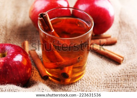 Apple cider with cinnamon sticks and fresh apples on sackcloth background