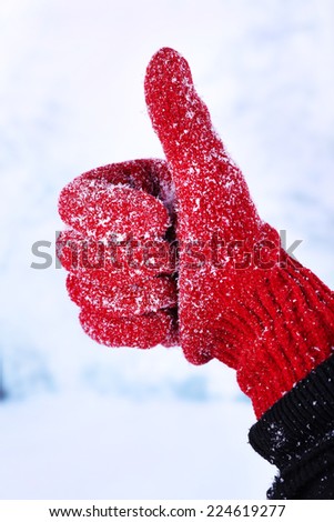 Woman's hand in red glove on winter natural background