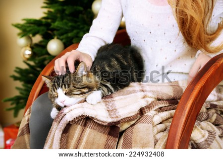 Woman and cute cat sitting on rocking chair in the front of the Christmas tree
