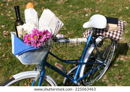 Bicycle with flowers, bread, bottle of wine and checkered blanket in metal basket on grass background