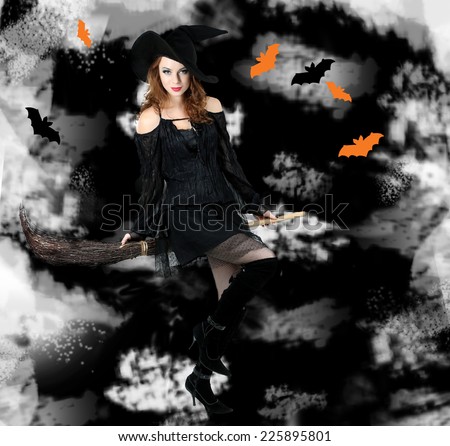 Halloween witch with broom on dark background