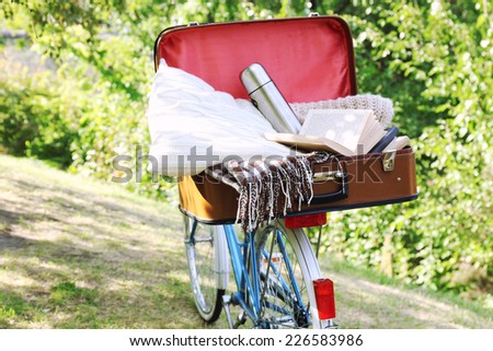 Bicycle and open suitcase on it in shadow in park