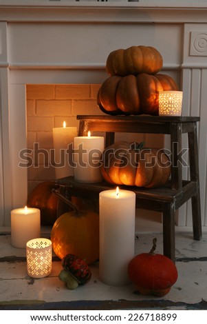 Halloween composition on fireplace closeup