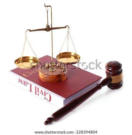 Civil Law book with scales and hammer isolated on white