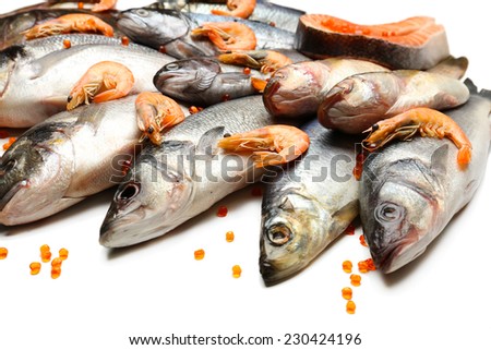 Fresh catch of fish and shrimps, close-up