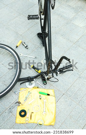 Bike parts in restoration process, outdoors
