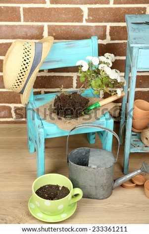 Flowers in pot on chair, potting soil, watering can and plants on floor on bricks background. Planting flowers concept