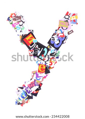 Letter Y made of colorful newspaper letters isolated on white