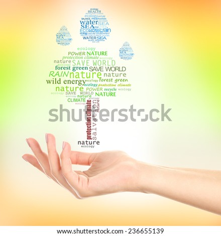 Concept of environmental protection, words in hand on green and yellow background
