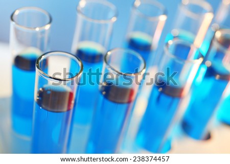 Test-tubes filled with blue and red fluid on the muted background