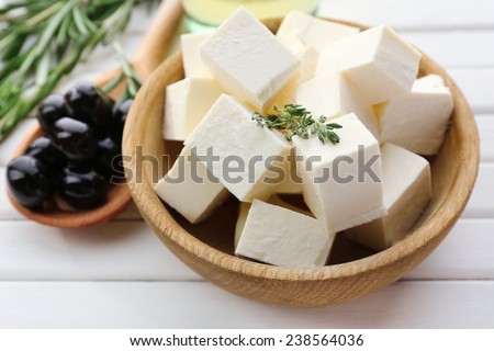Feta cheese on table