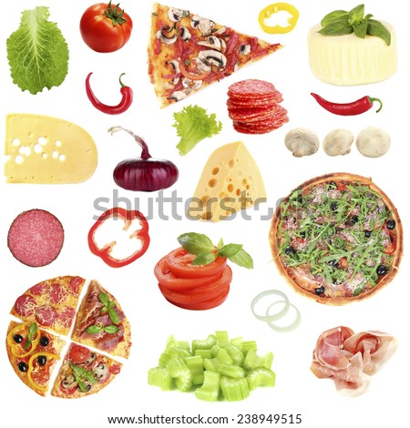Tasty pizza and ingredients isolated on white Tasty pizza and ingredients isolated on white