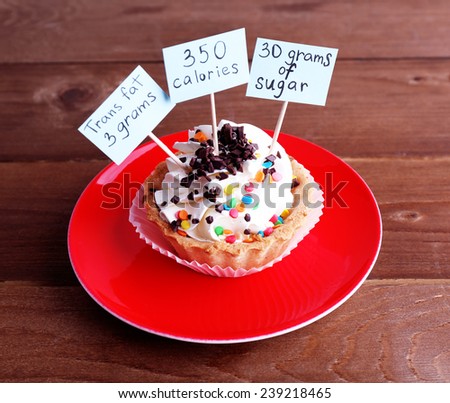 Delicious cake with calories count labels on color plate on wooden table background