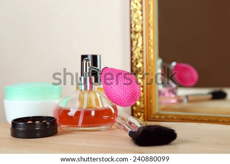 Different cosmetics on dressing table, close up