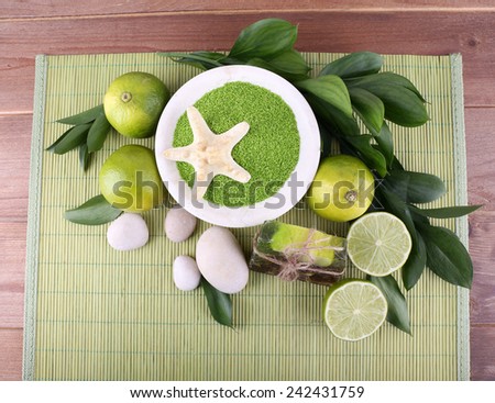 Spa still life on bamboo mat and wooden table background