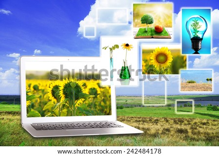 Laptop and eco theme images on nature background