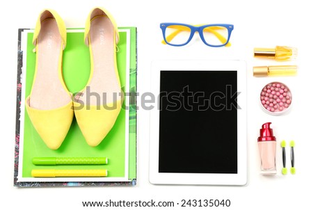 Fashion blogger concept.  essentials objects in a fashion blogger. Isolated on white