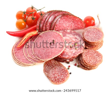 Various sliced salami with chili pepper, cherry tomatoes and spices isolated on white background
