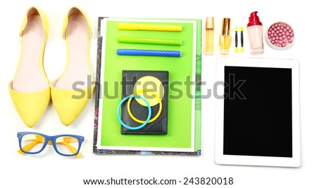 Fashion blogger concept.  essentials objects in a fashion blogger. Isolated on white