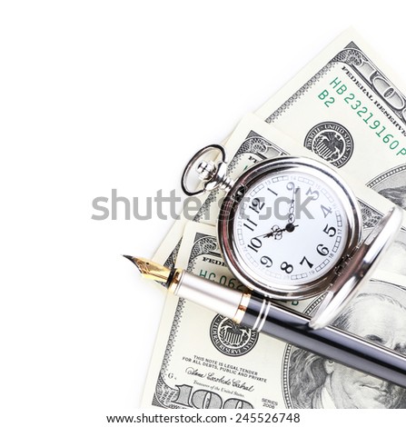Silver pocket clock and money isolated on white. Time is money concept