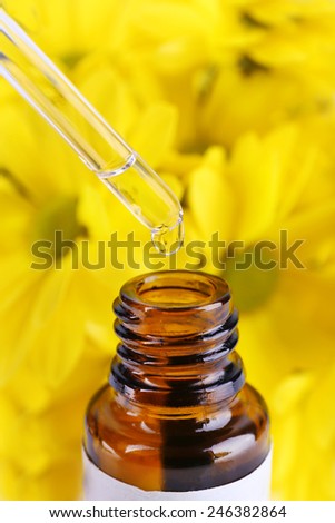 Dropper bottle of perfume with yellow chamomile on white background