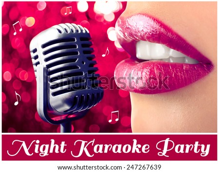 Woman and retro microphone on night lights background, karaoke party concept