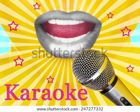 Woman with silver lips and microphone, karaoke concept