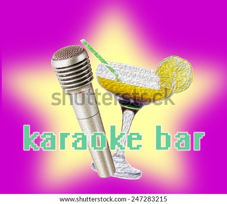Retro microphone and cocktail on bright color background, Karaoke bar concept